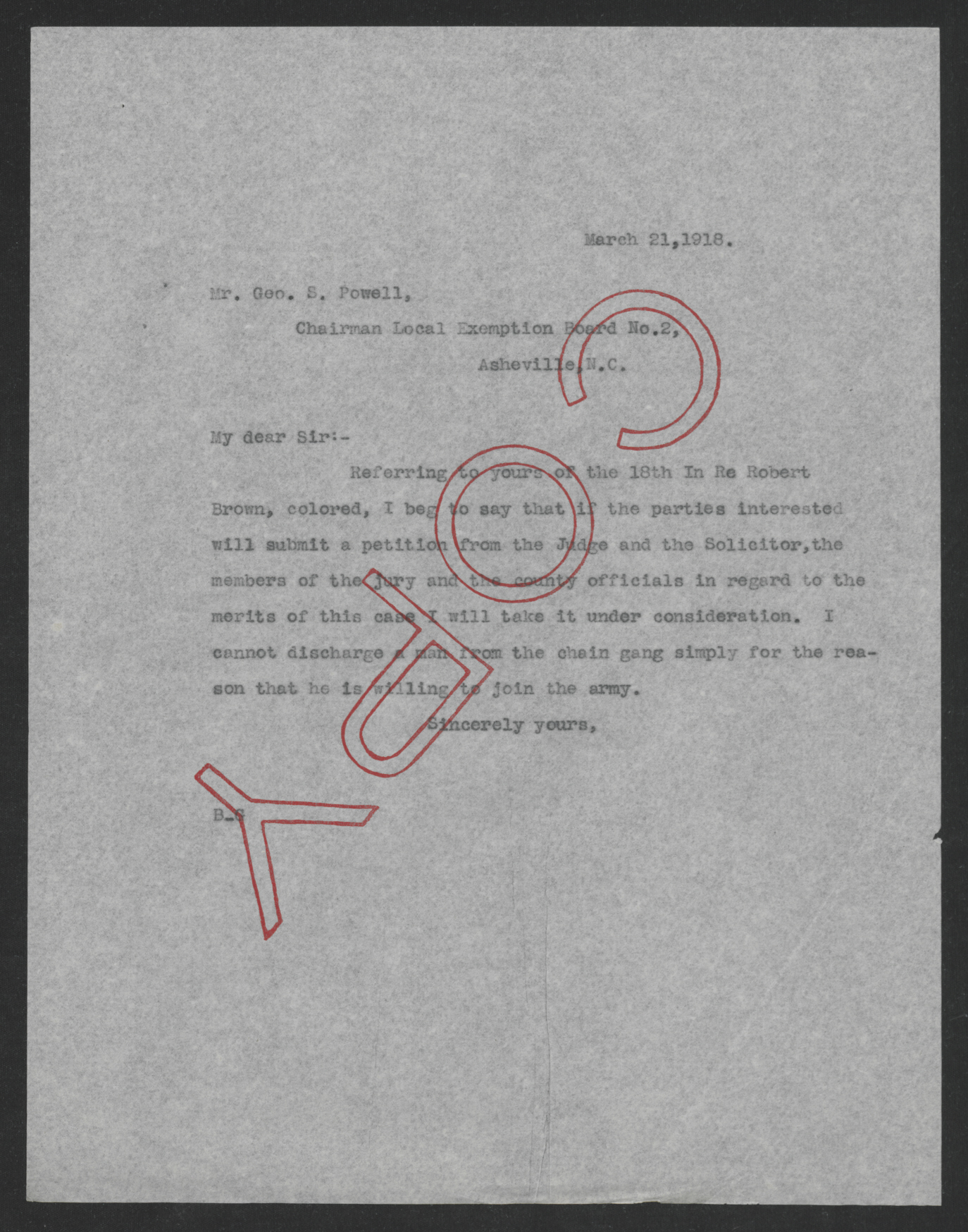 Letter from Thomas W. Bickett to George S. Powell, March 21, 1918