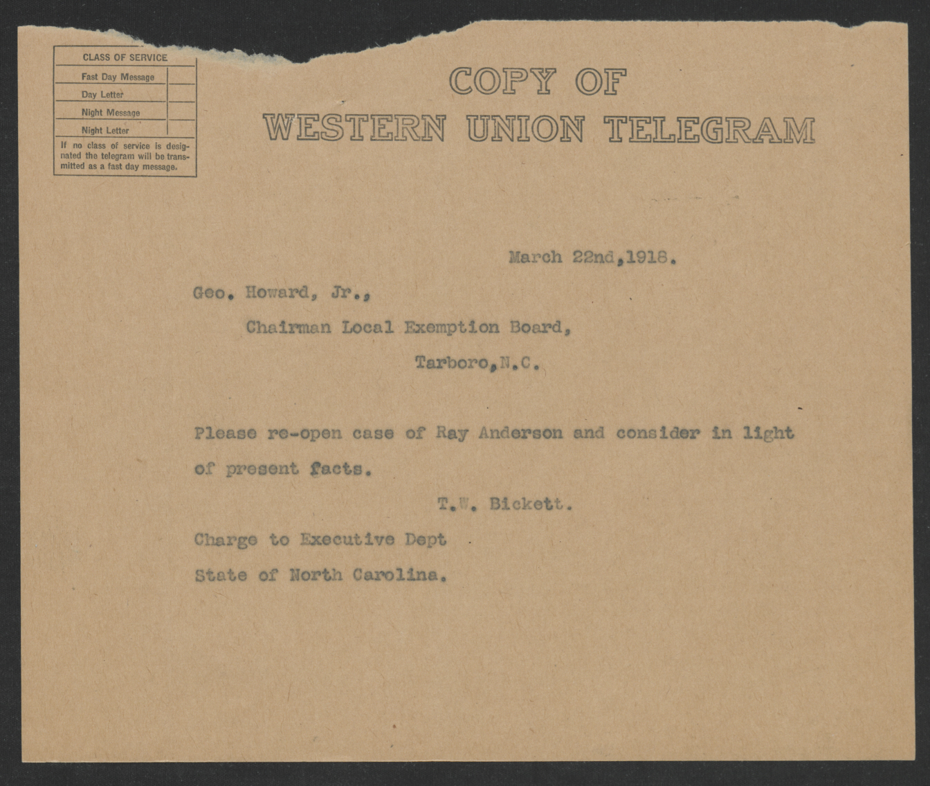 Telegram from Thomas W. Bickett to George Howard, Jr., March 22, 1918