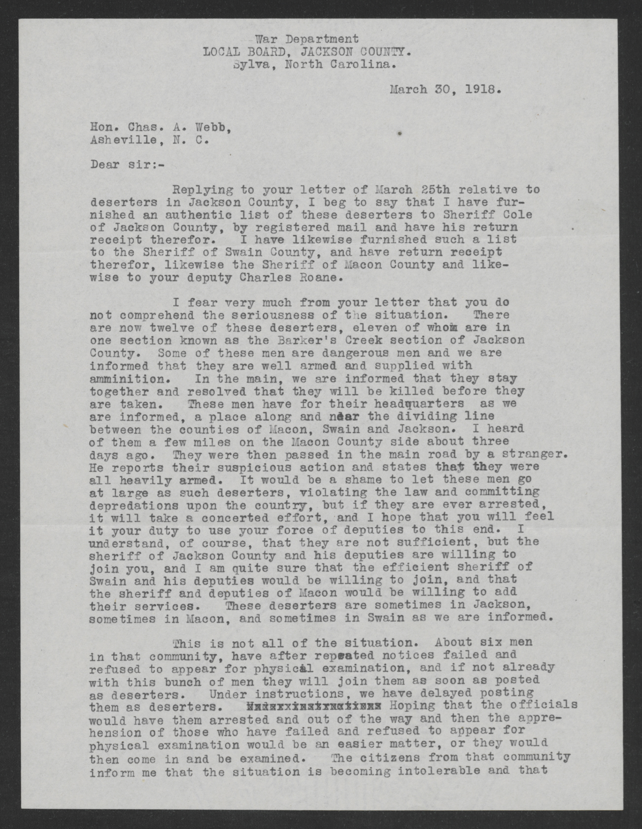 Letter from Coleman C. Cowan to Charles A. Webb, March 30, 1918, page 1