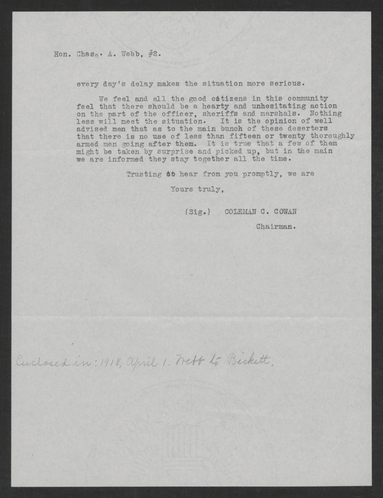 Letter from Coleman C. Cowan to Charles A. Webb, March 30, 1918, page 2