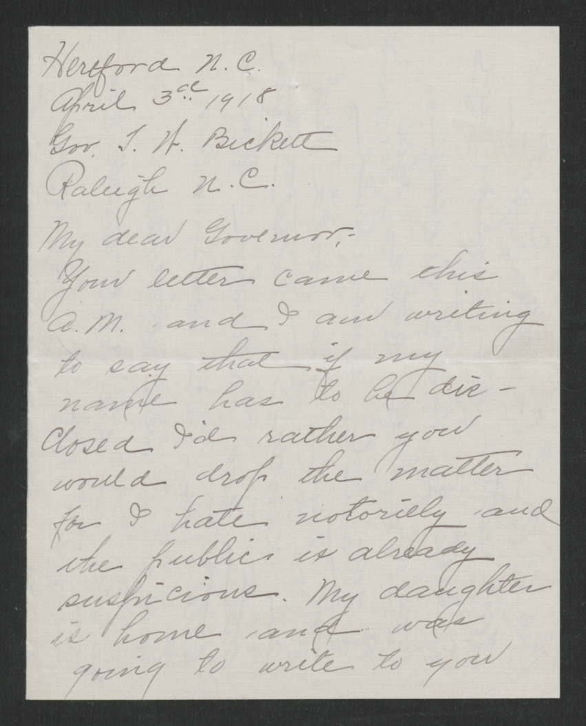 Letter from Sarah R. L. White to Thomas W. Bickett, April 3, 1918, page 1