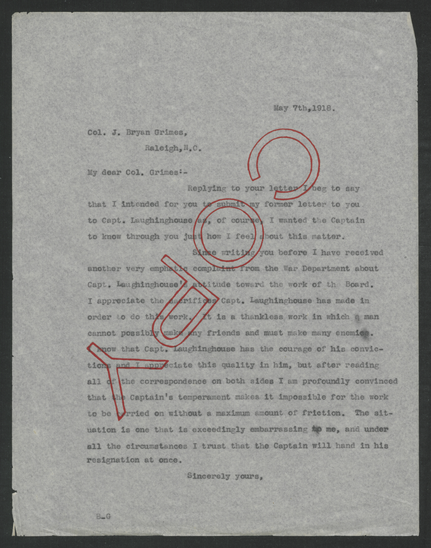 Letter from Thomas W. Bickett to J. Bryan Grimes, May 7, 1918
