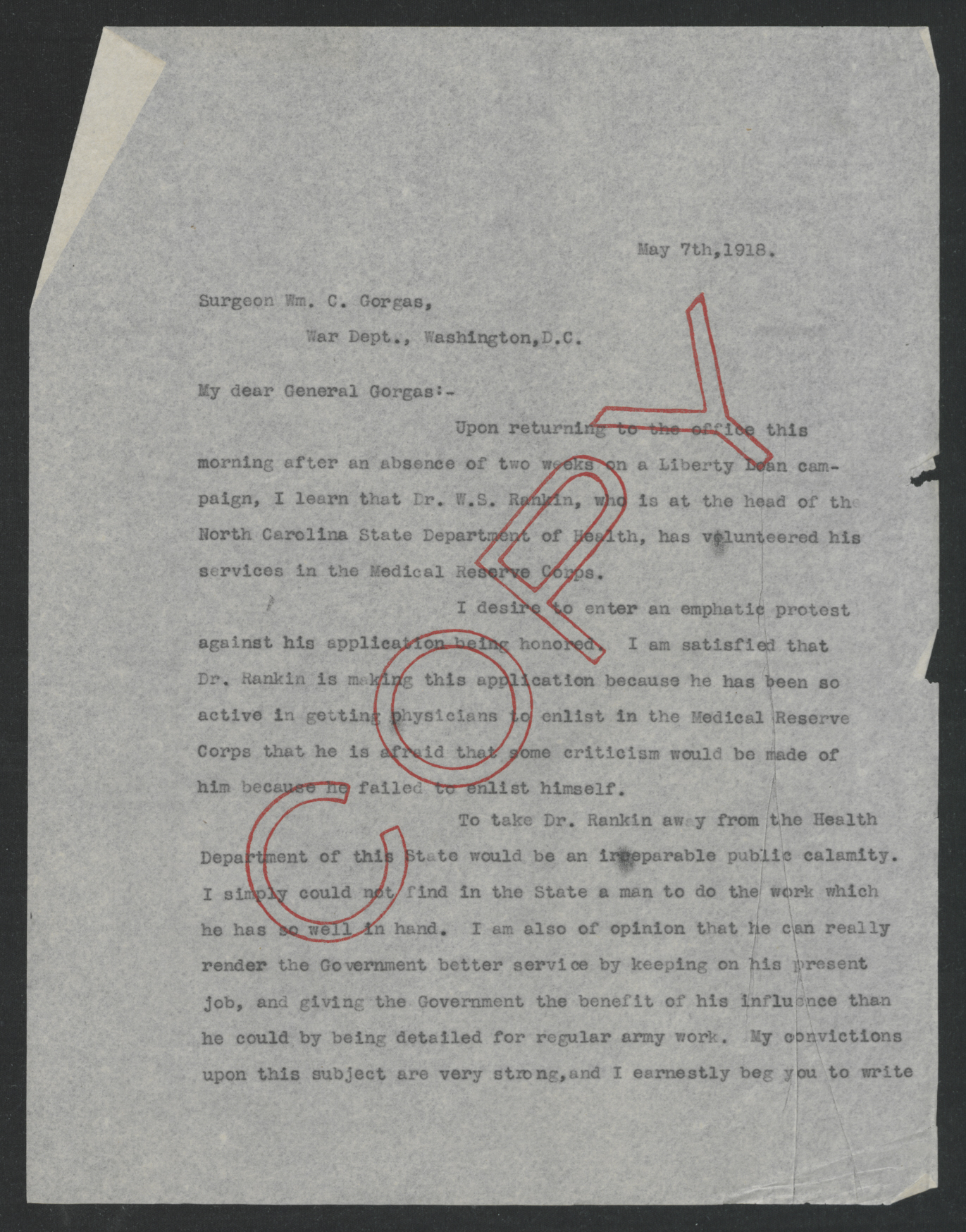 Letter from Thomas W. Bickett to William C. Gorgas, May 7, 1918, page 1