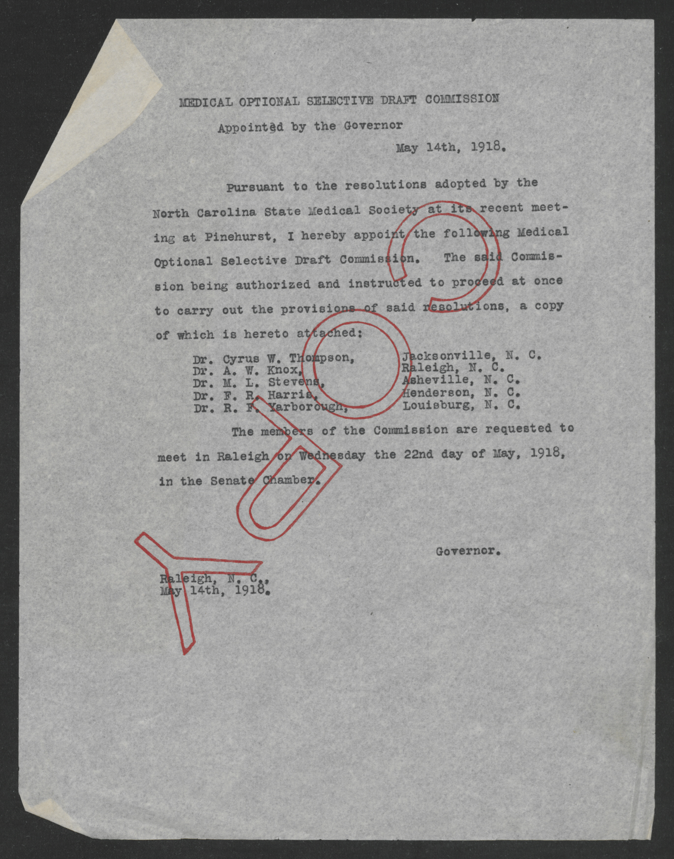 Appointments to the Medical Optional Selective Draft Commission by Thomas W. Bickett, May 14, 1918