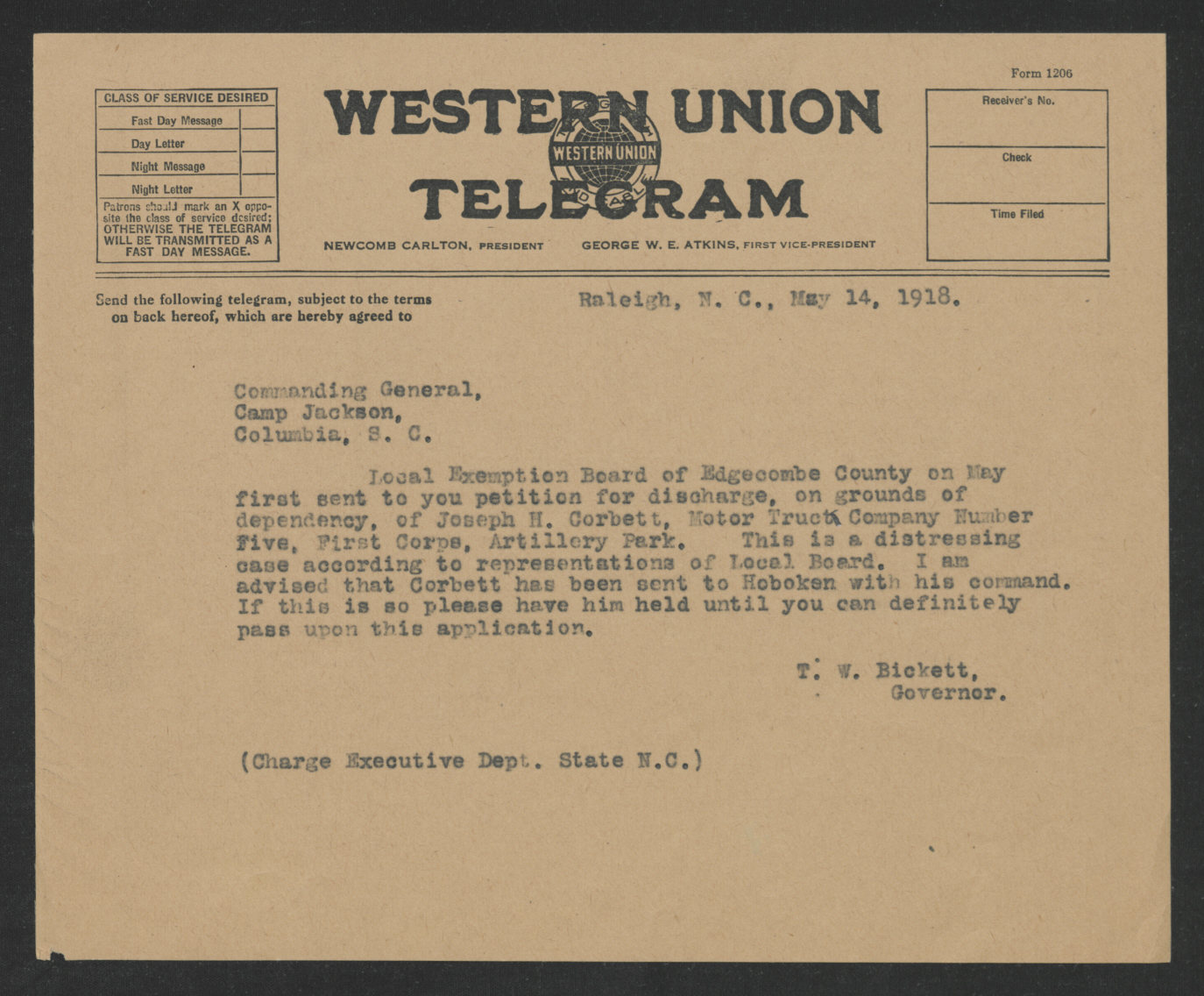 Telegram from Thomas W. Bickett to the Commanding General of Camp Jackson, May 14, 1918