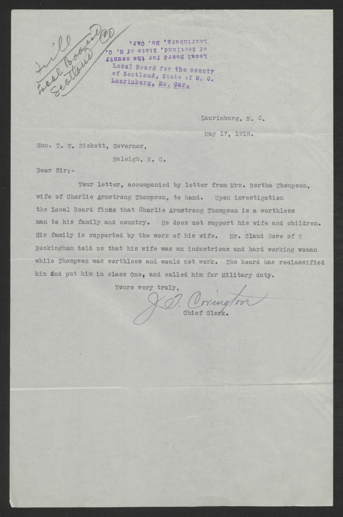 Letter from John T. Covington to Thomas W. Bickett, May 17, 1918