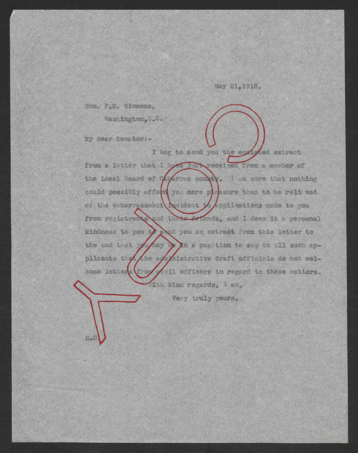 Letter from Thomas W. Bickett to Furnifold M. Simmons, May 21, 1918