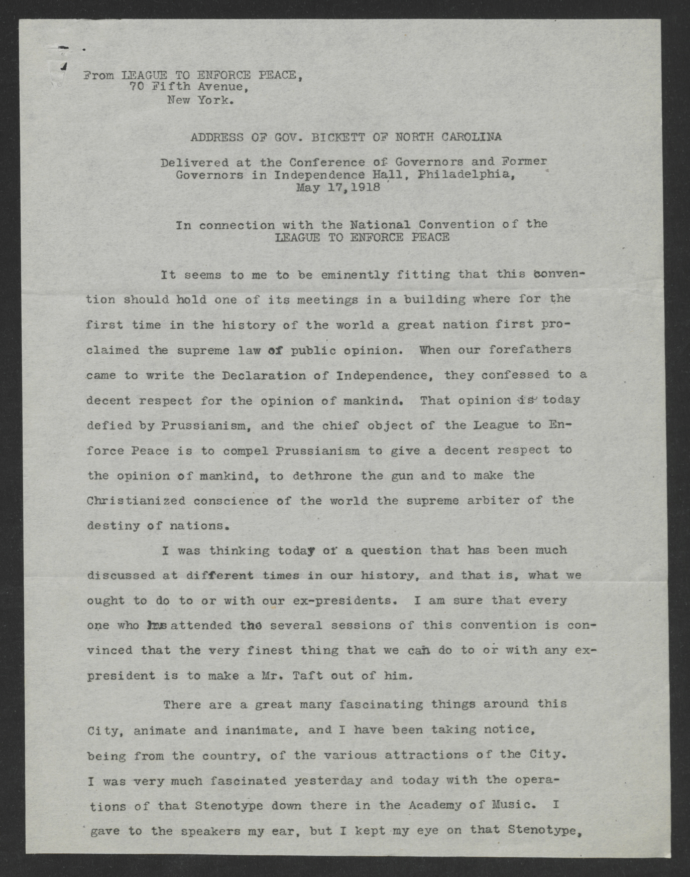 Address Delivered to the Conference of Governors by Governor Thomas W. Bickett, May 17, 1918, page 1