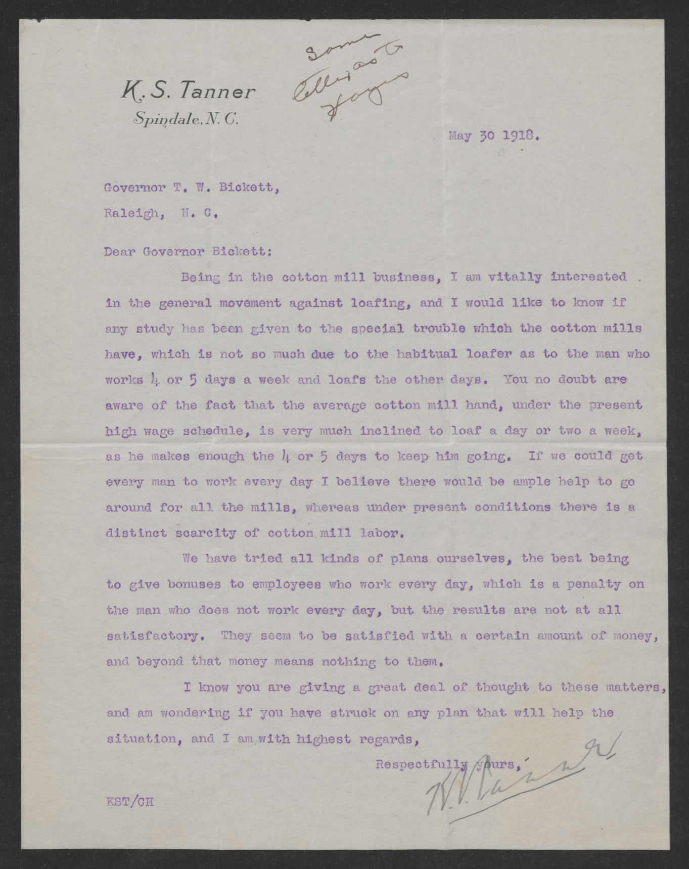 Letter from Kenneth S. Tanner to Thomas W. Bickett, May 30, 1918