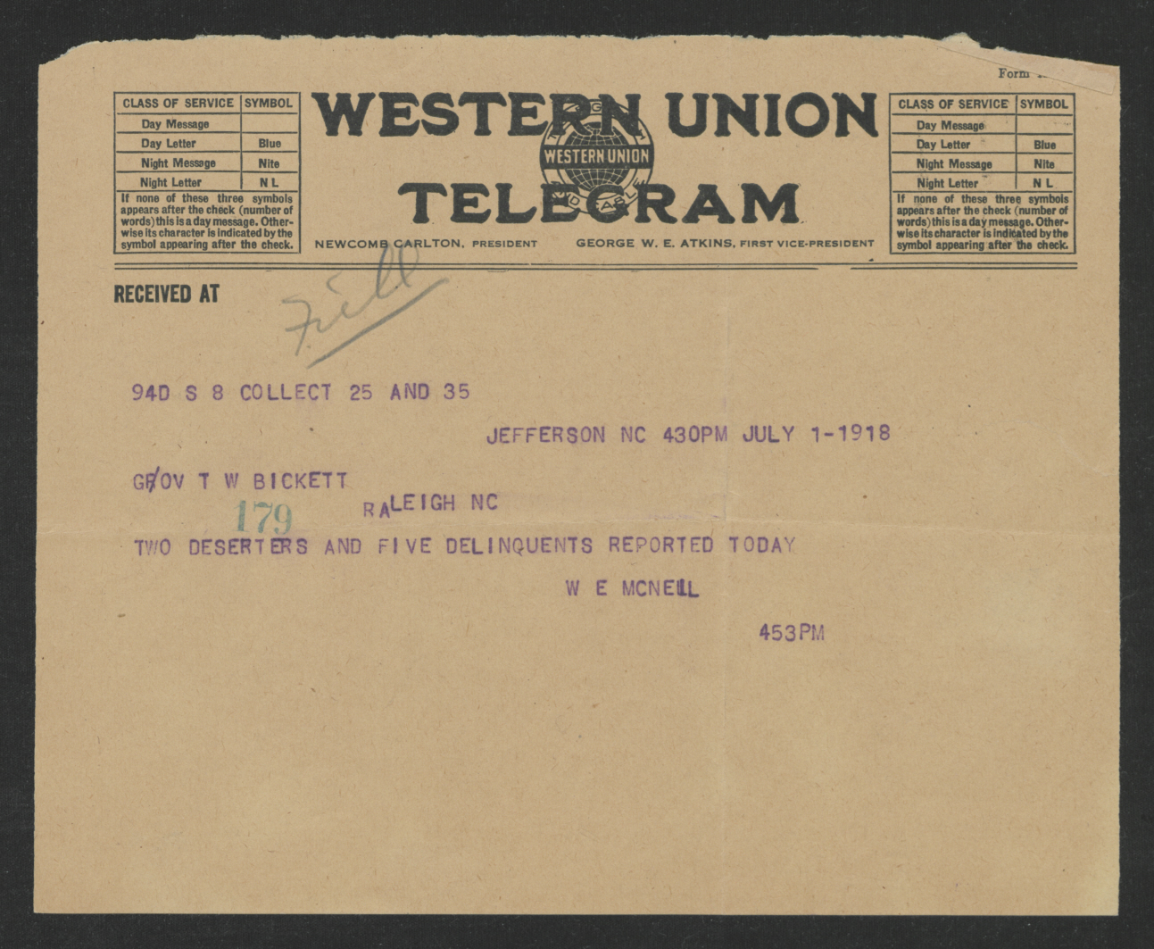 Telegram from Wiley E. McNeill to Thomas W. Bickett, July 1, 1918
