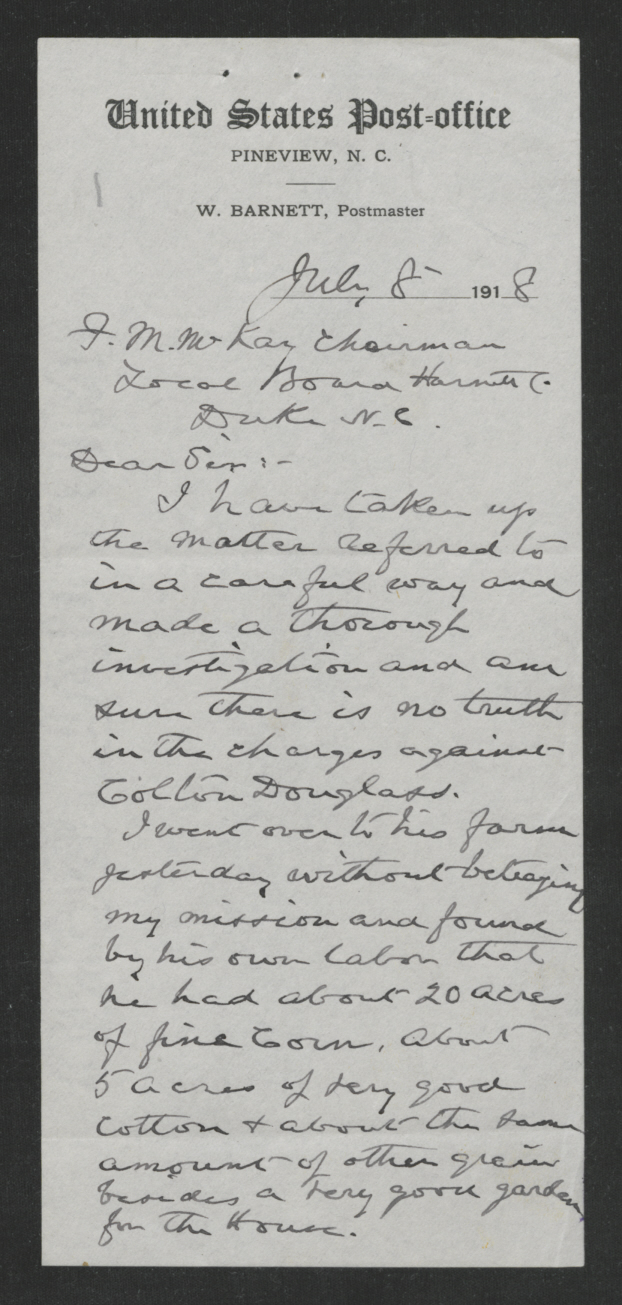 Letter from William Barnett to Felix M. McKay, July 8, 1918, page 1