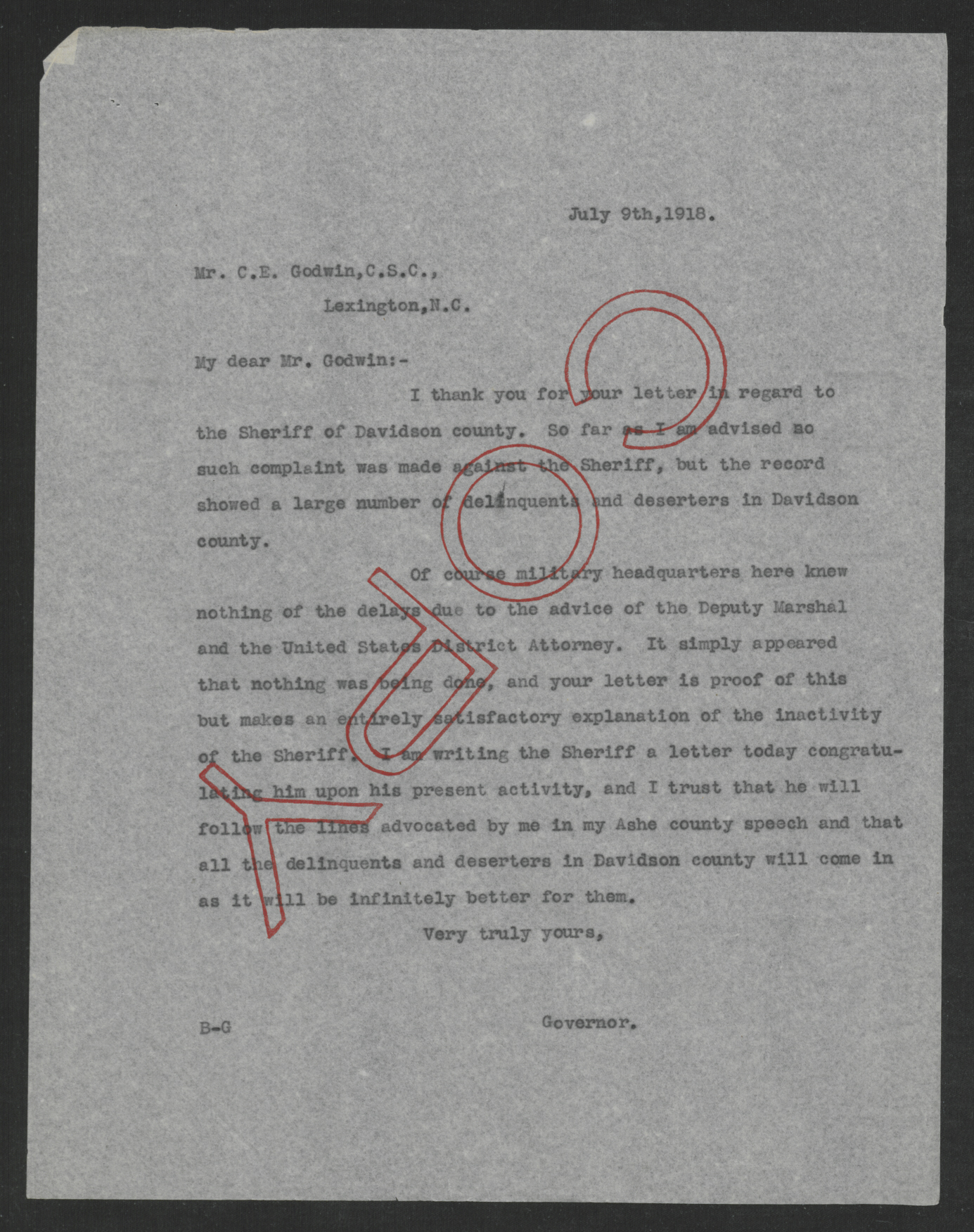 Letter from Thomas W. Bickett to Charles E. Godwin, July 9, 1918