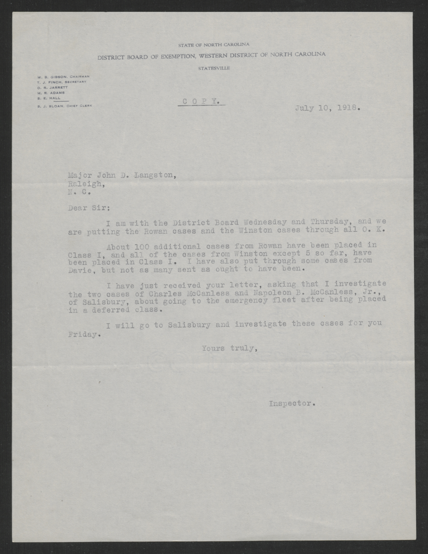 Letter from Cecil C. Broughton to John D. Langston, July 10, 1918