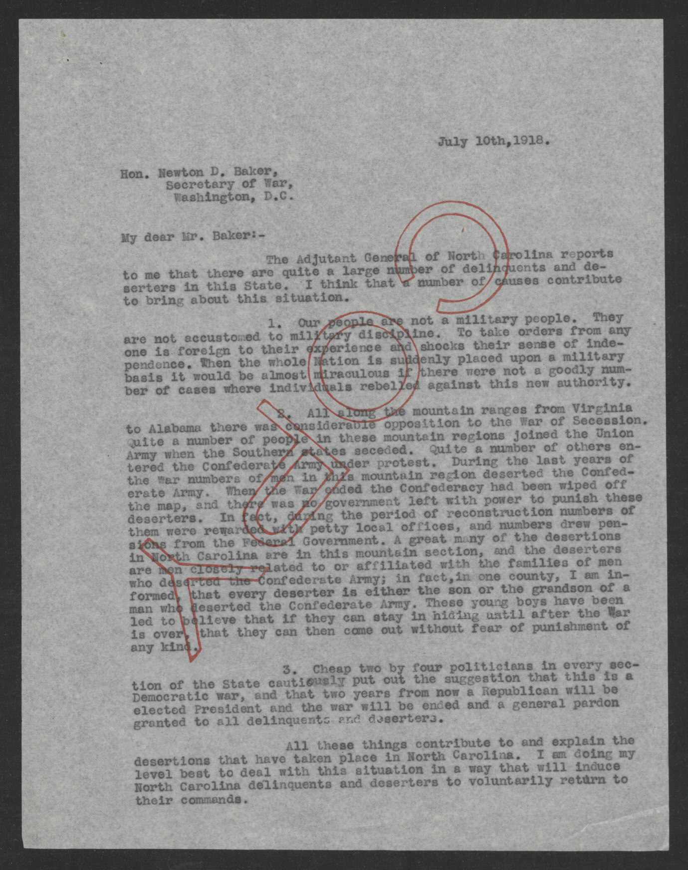 Letter from Thomas W. Bickett to Newton D. Baker, July 10, 1918, page 1