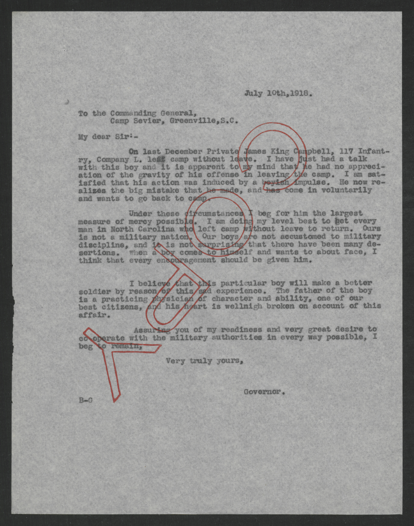 Letter from Thomas W. Bickett to the Commanding General of Camp Sevier, July 10, 1918