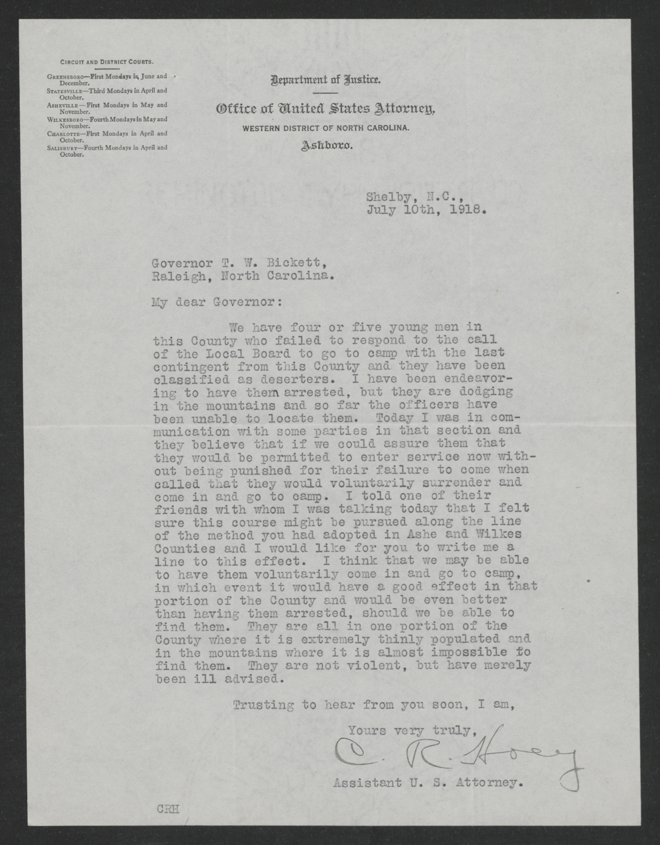 Letter from Clyde R. Hoey to Thomas W. Bickett, July 10, 1918