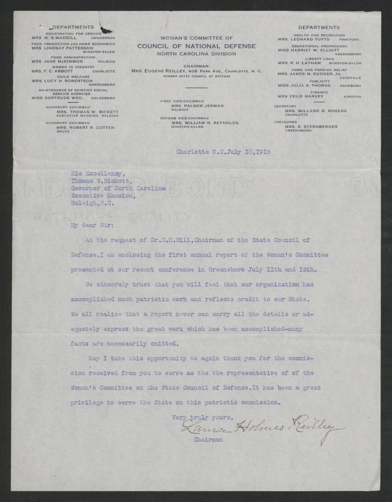Letter from Laura H. Reilley to Thomas W. Bickett, July 16, 1918