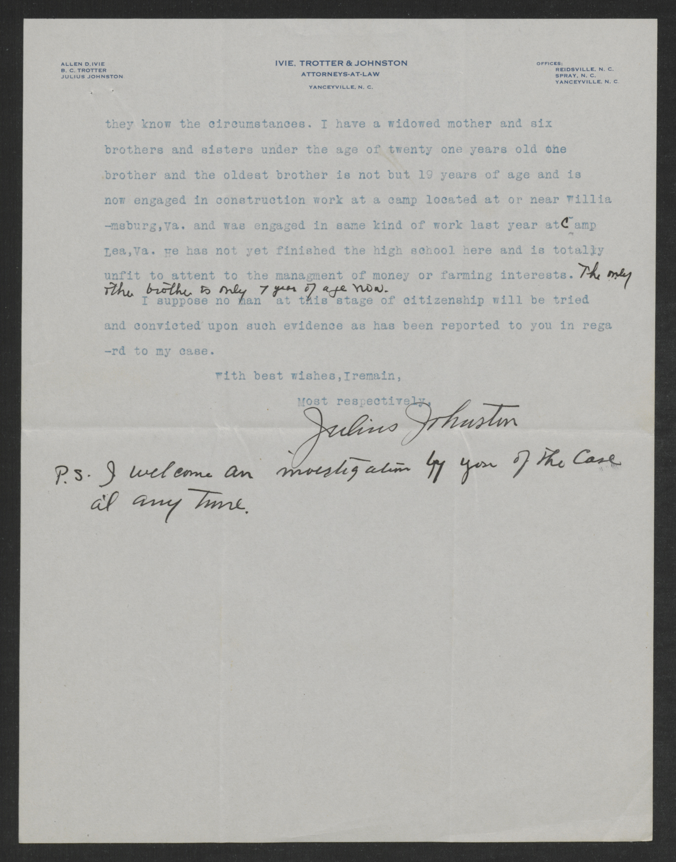 Letter from Julius Johnston to Thomas W. Bickett, July 17, 1918, page 3