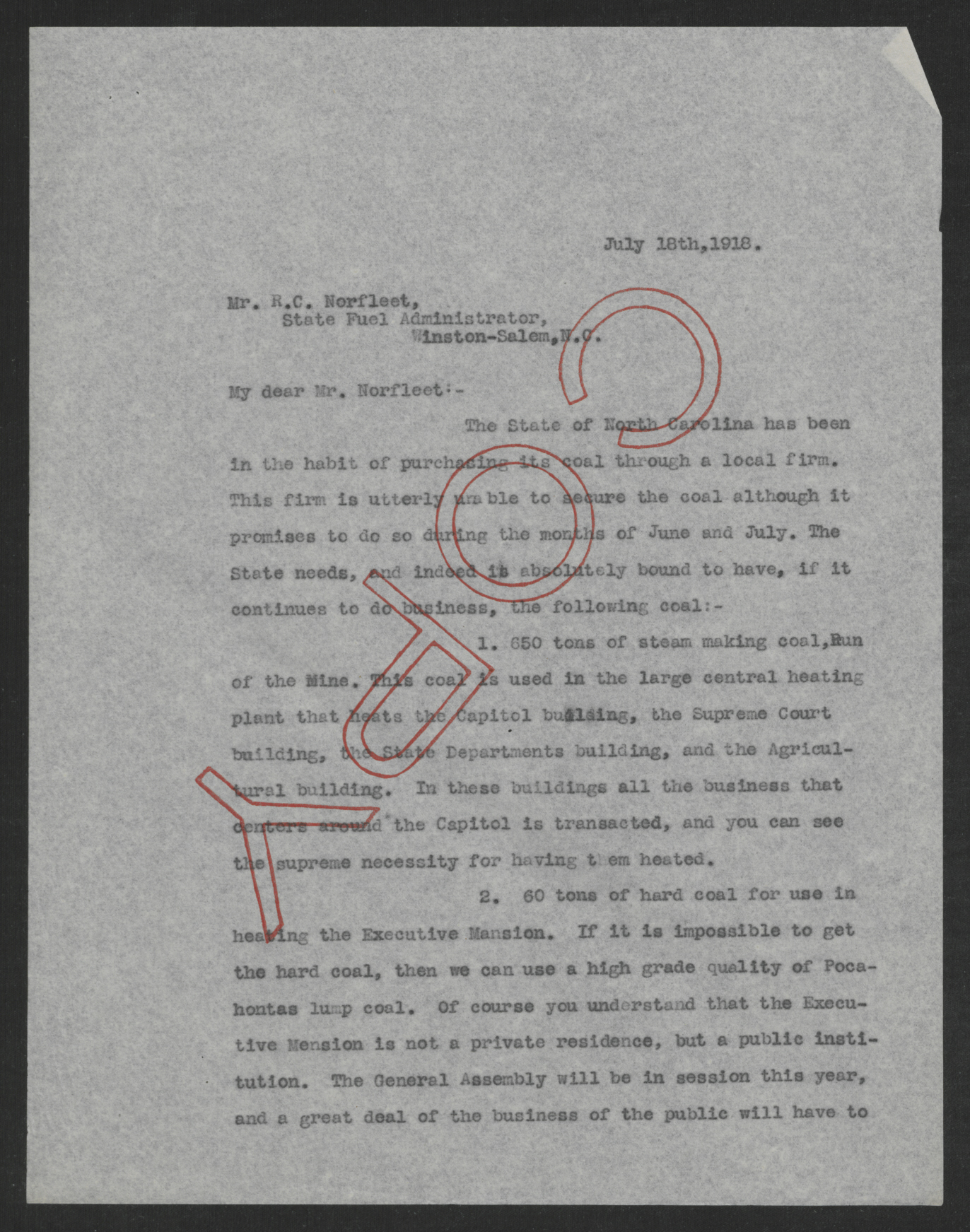 Letter from Thomas W. Bickett to Robert C. Norfleet, July 18, 1918, page 1