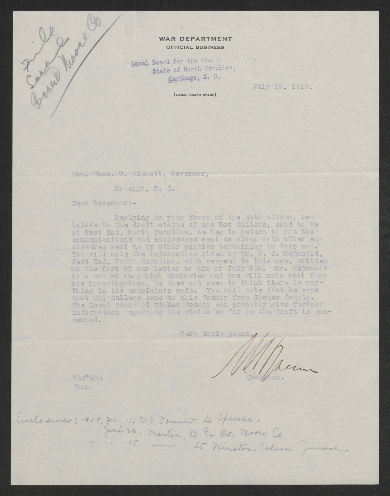 Letter from Union L. Spence to Thomas W. Bickett, July 19, 1918
