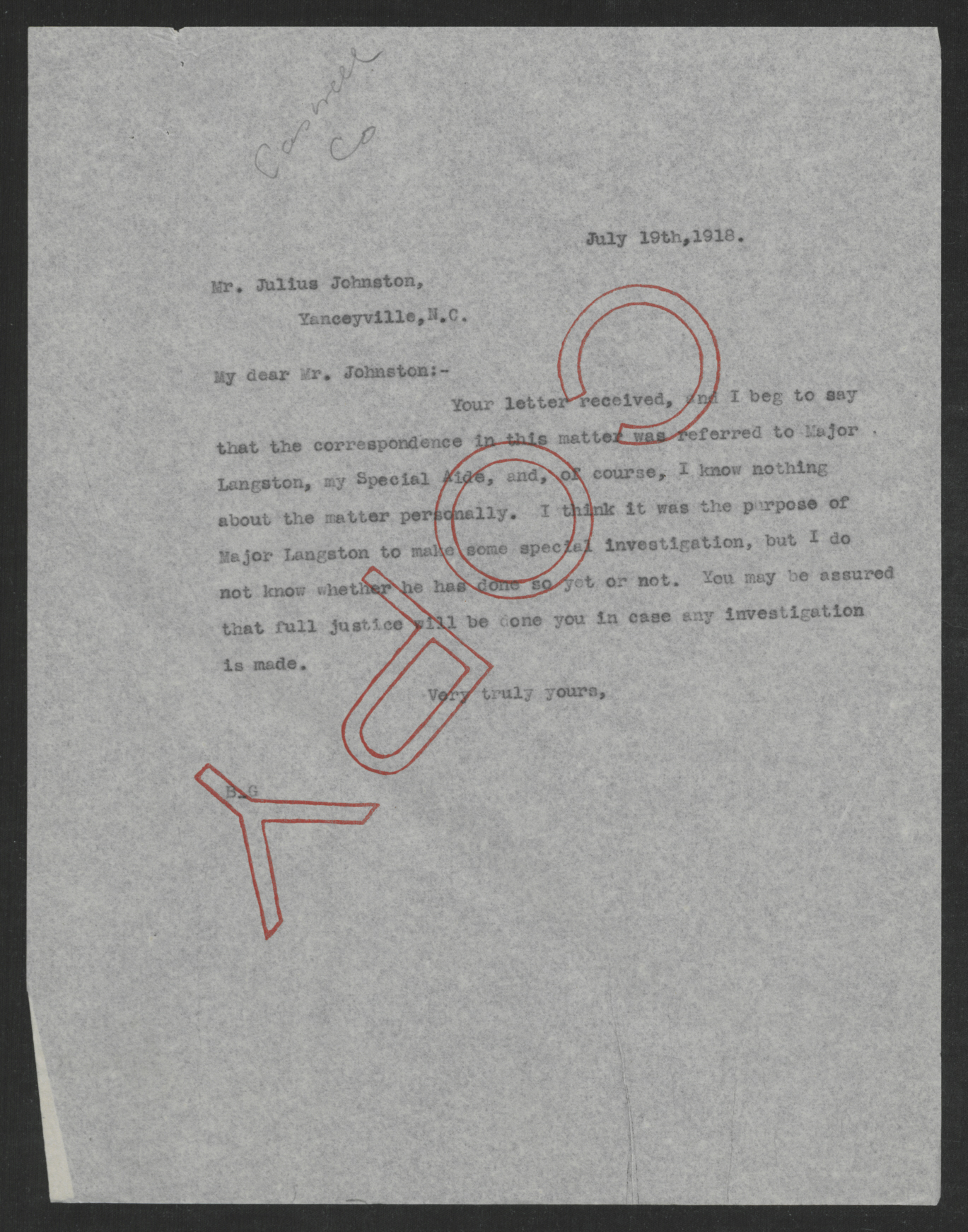Letter from Thomas W. Bickett to Julius Johnston, July 19, 1918