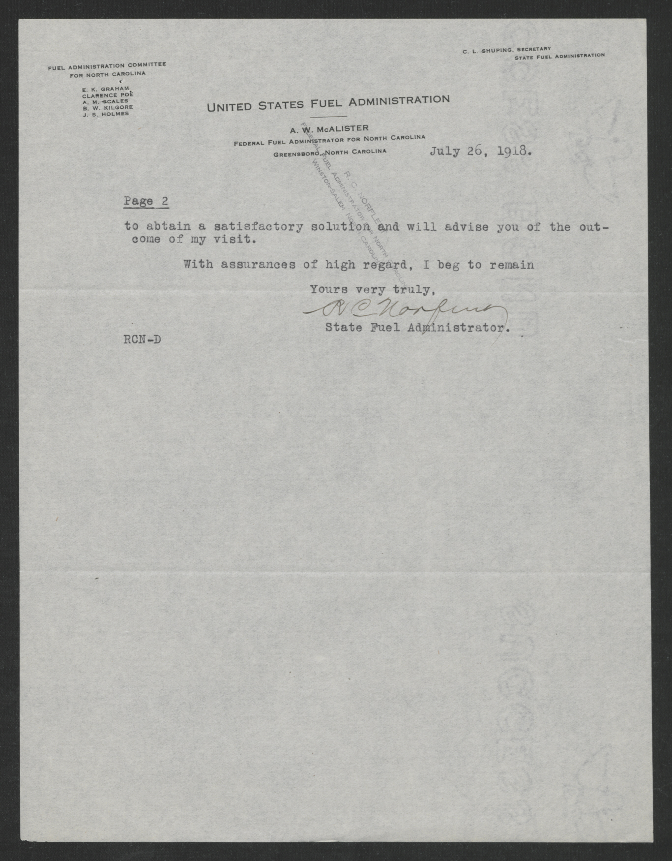 Letter from Robert C. Norfleet to Thomas W. Bickett, July 26, 1918, page 2
