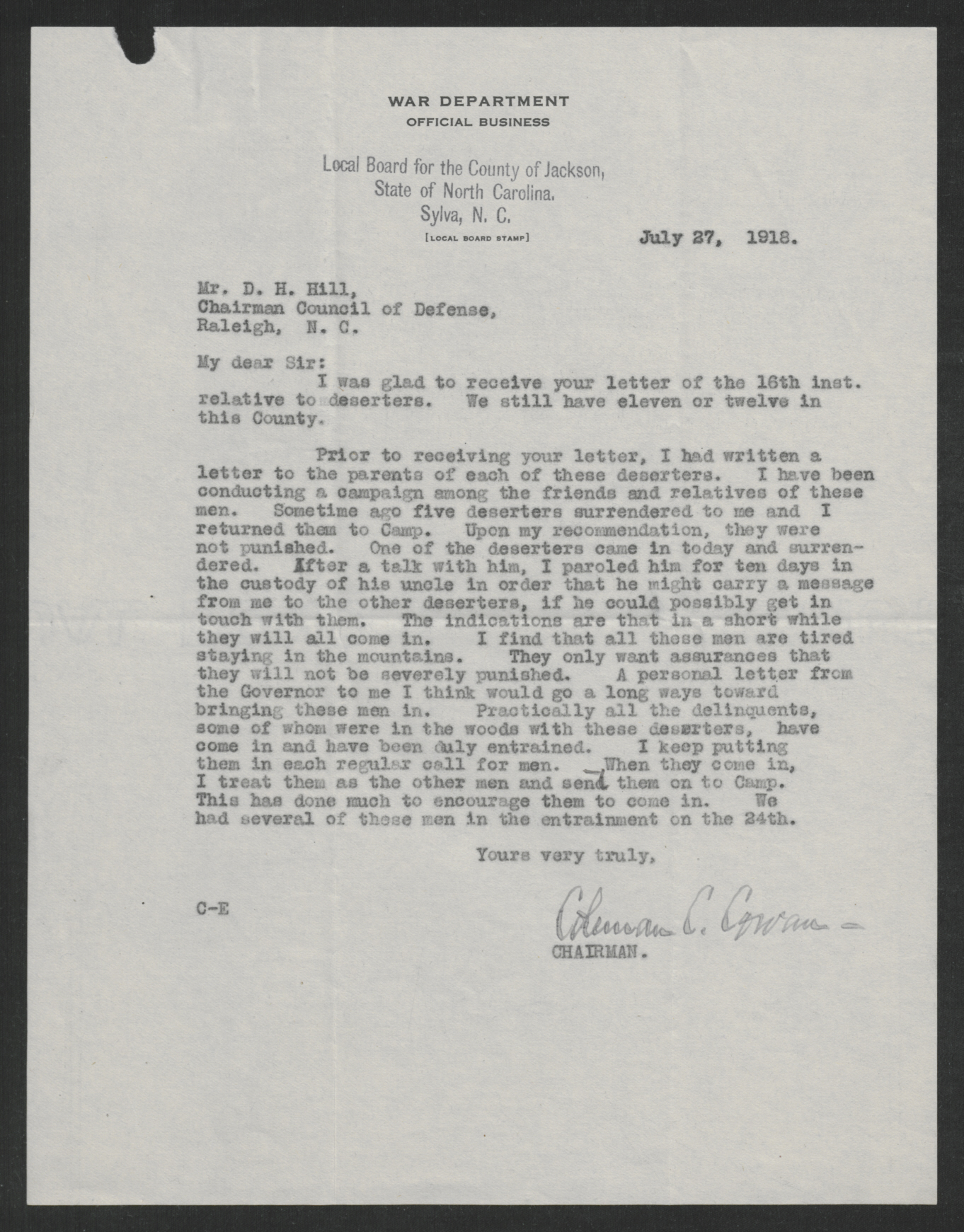 Letter from Coleman C. Cowan to Daniel H. Hill, July 27, 1918