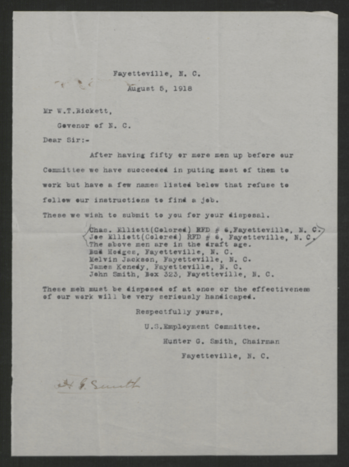 Letter from Hunter G. Smith to Thomas W. Bickett, August 5, 1918