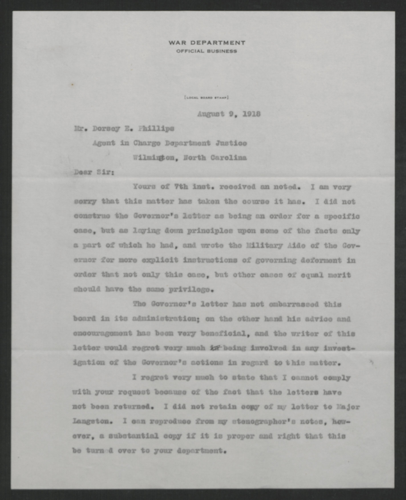 Letter from Irvin B. Tucker to Dorsey E. Phillips, August 9, 1918, page 1