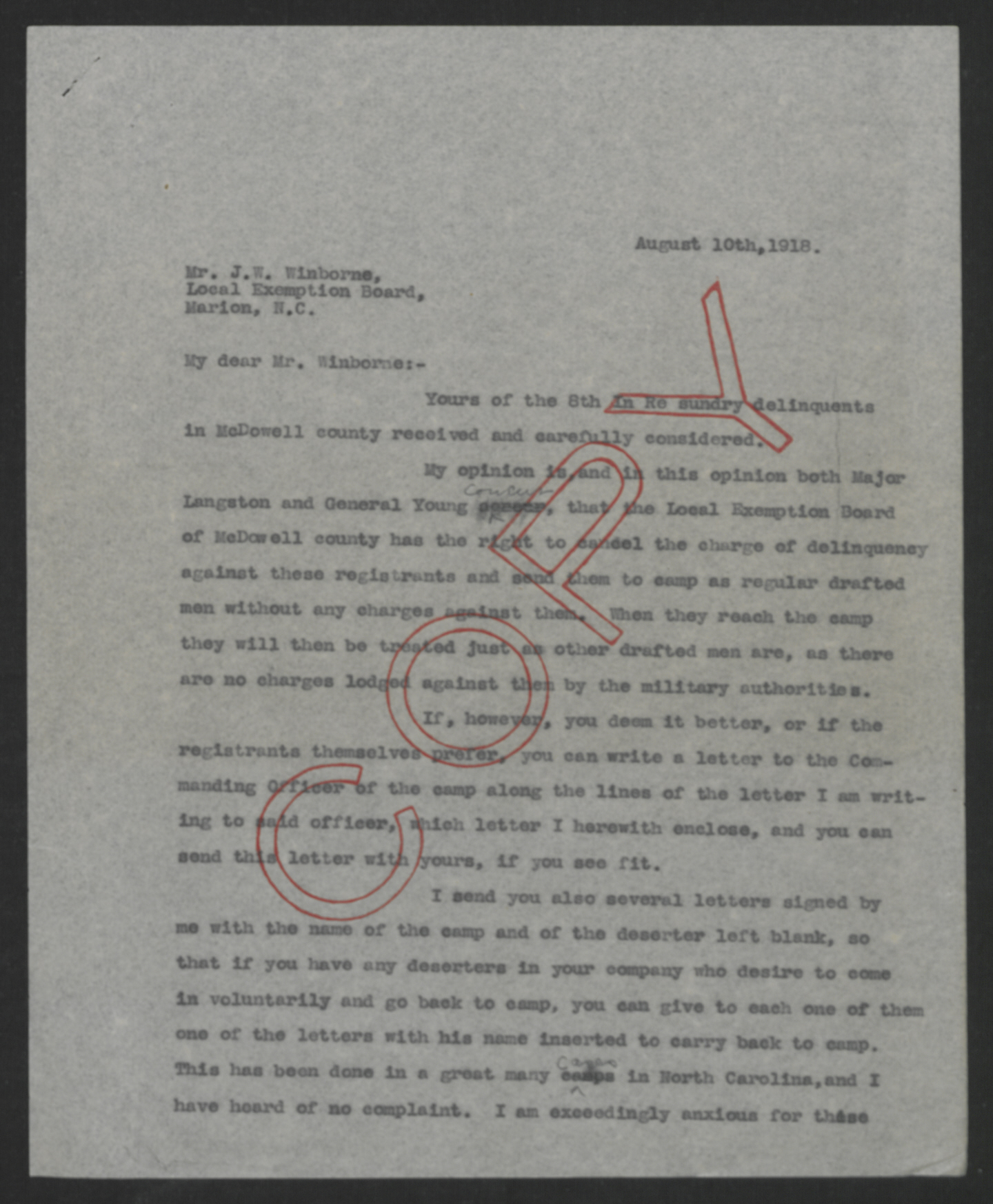 Letter from Thomas W. Bickett to John W. Winborne, August 10, 1918, page 1
