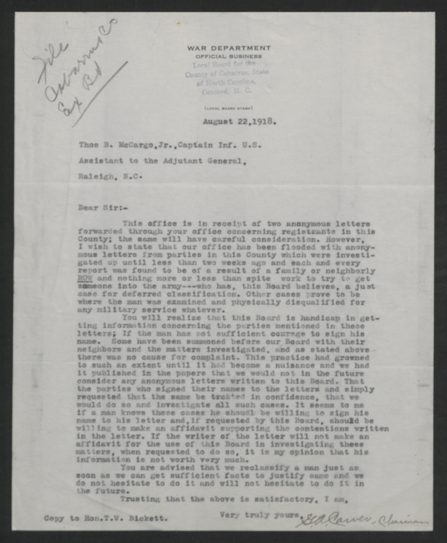 Letter from Gordon A. Carver to Thomas B. McCargo, Jr., August 22, 1918