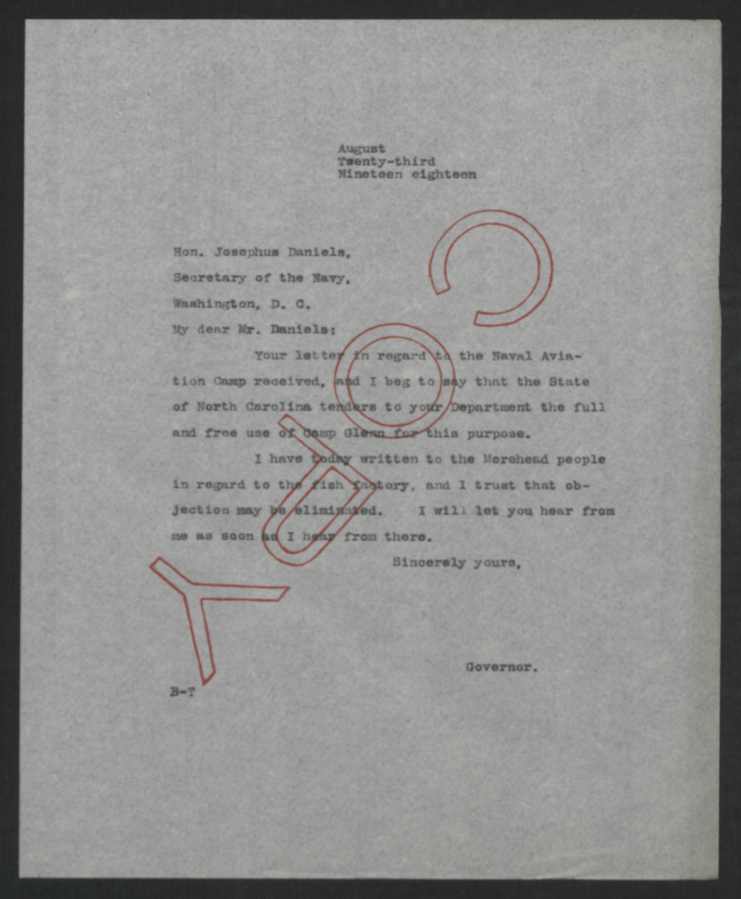 Letter from Thomas W. Bickett to Josephus Daniels, August 23, 1918