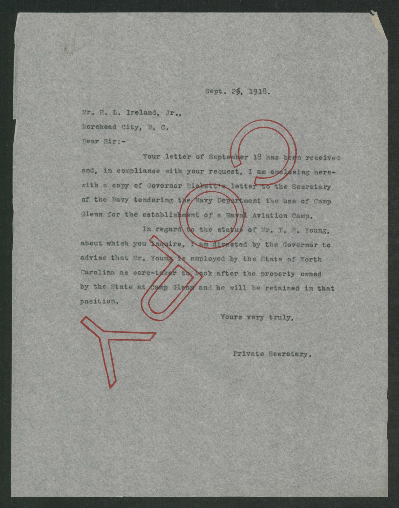 Letter from Santford Martin to R. L. Ireland, Jr., September 26, 1918