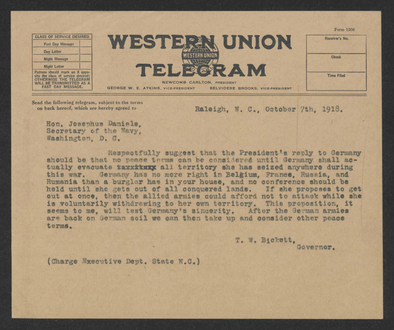Telegram from Thomas W. Bickett to Josephus Daniels, October 7, 1918