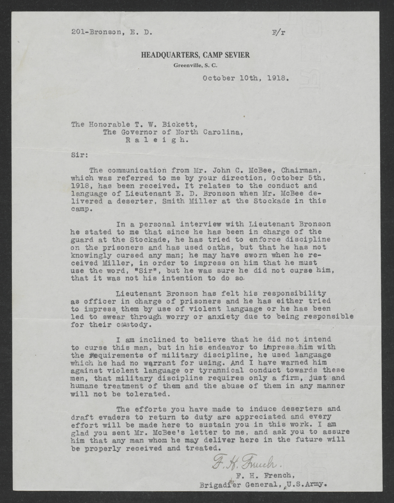 Letter from Francis H. French to Thomas W. Bickett, October 10, 1918