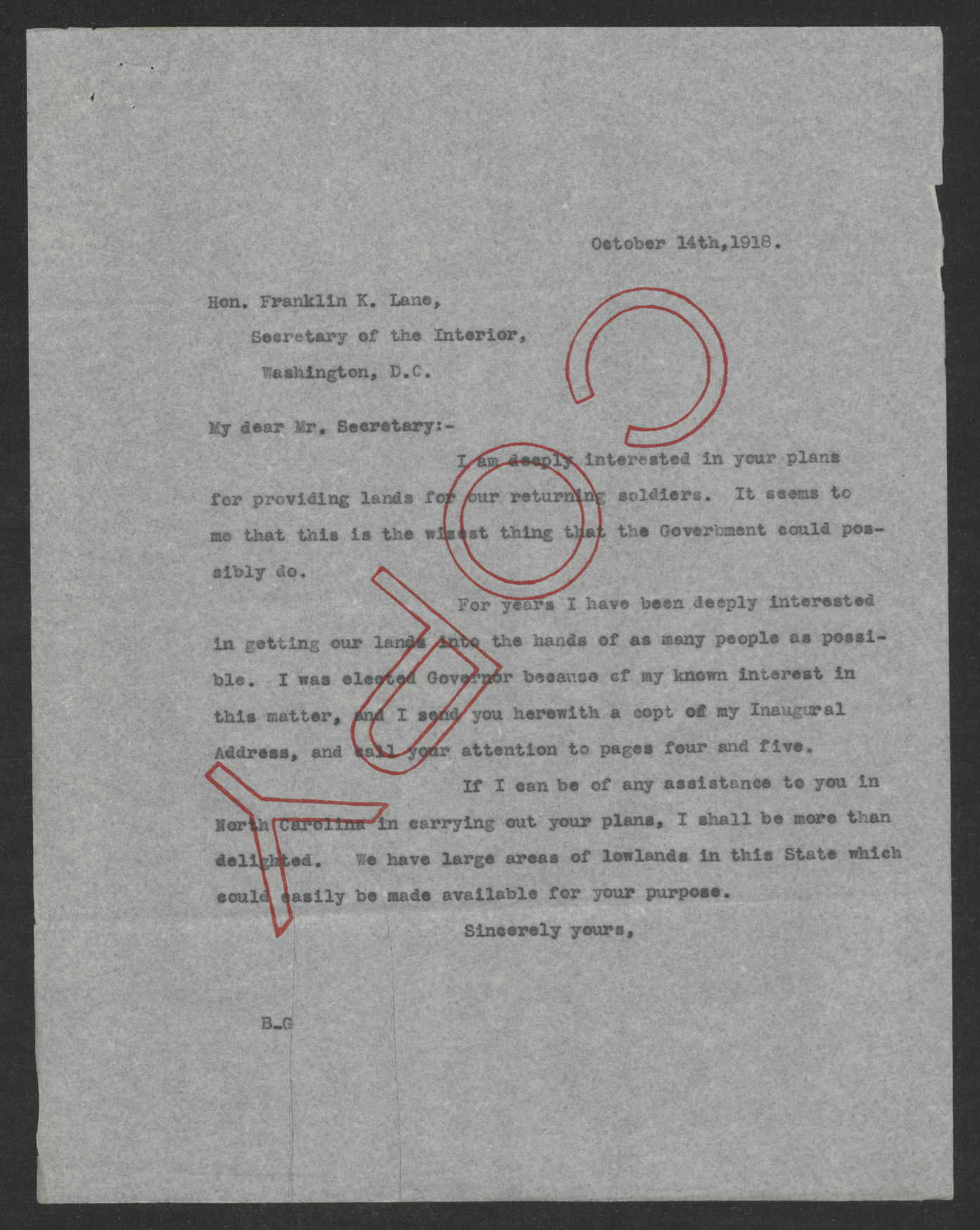 Letter from Thomas W. Bickett to Franklin K. Lane, October 14, 1918