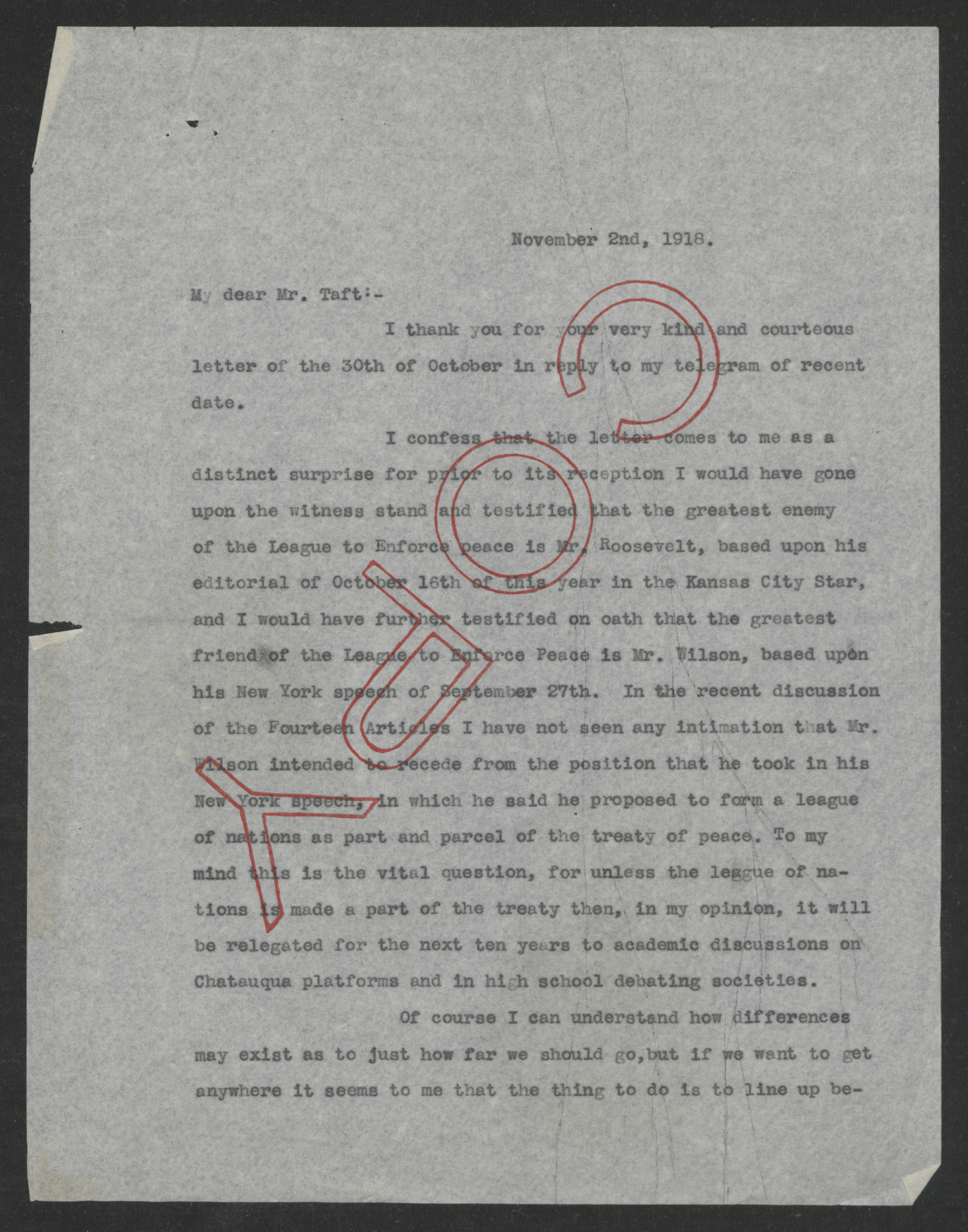 Letter from Thomas W. Bickett to William H. Taft, November 2, 1918, page 1