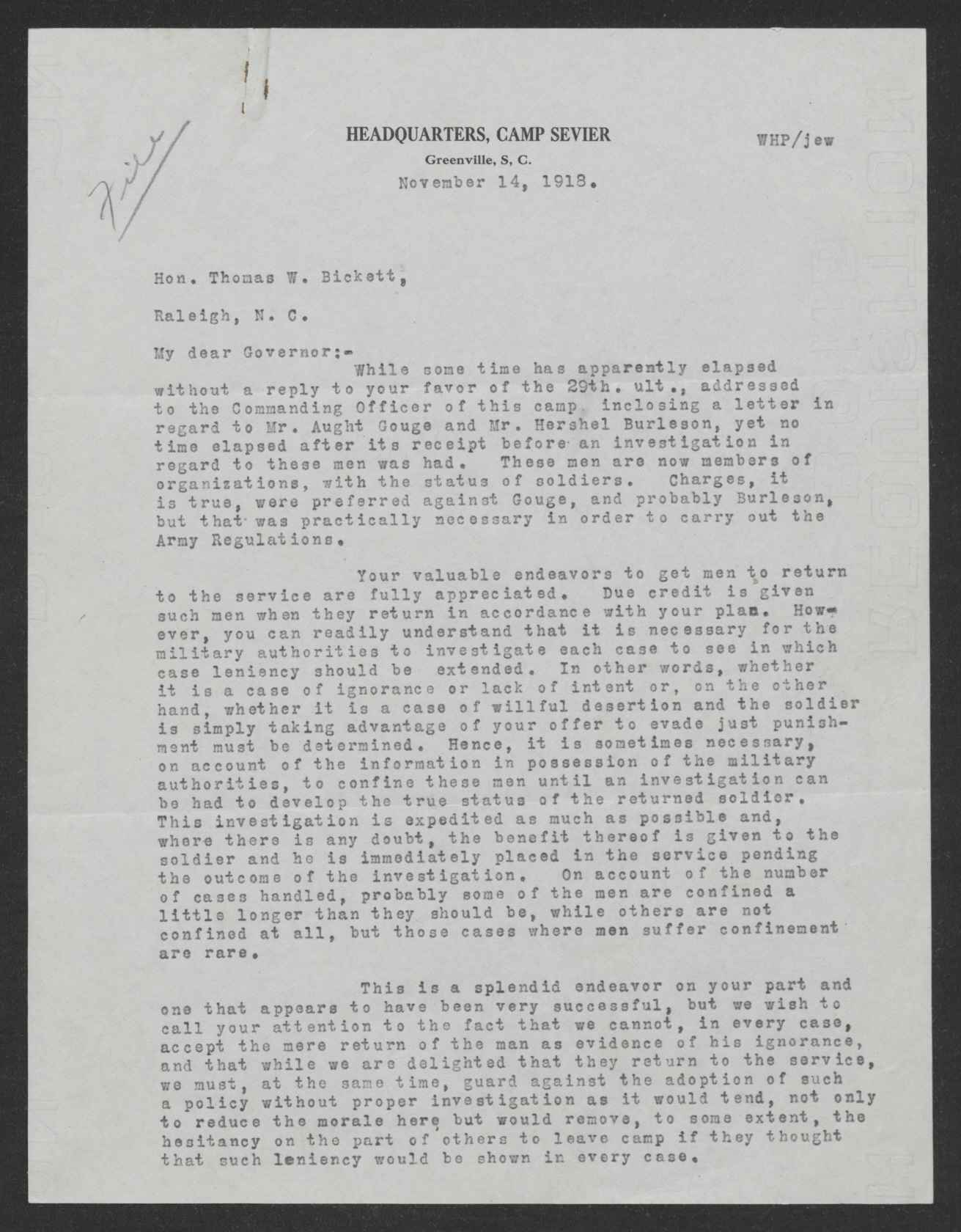 Letter from William H. Pace to Thomas W. Bickett, November 14, 1918, page 1