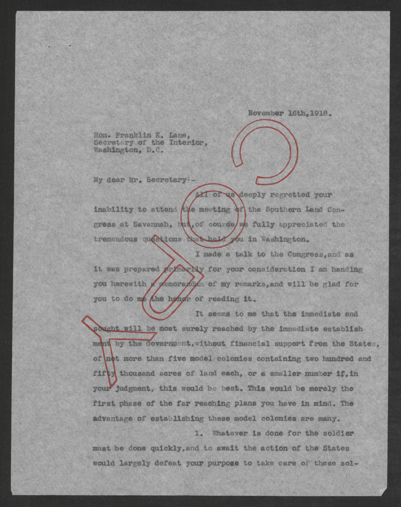 Letter from Thomas W. Bickett to Franklin K. Lane, November 16, 1918, page 1