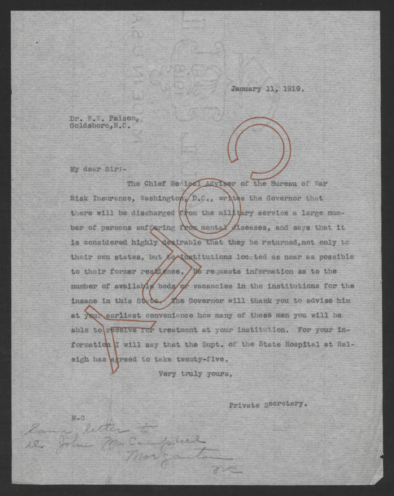 Letter from Santford Martin to William W. Faison, January 11, 1919