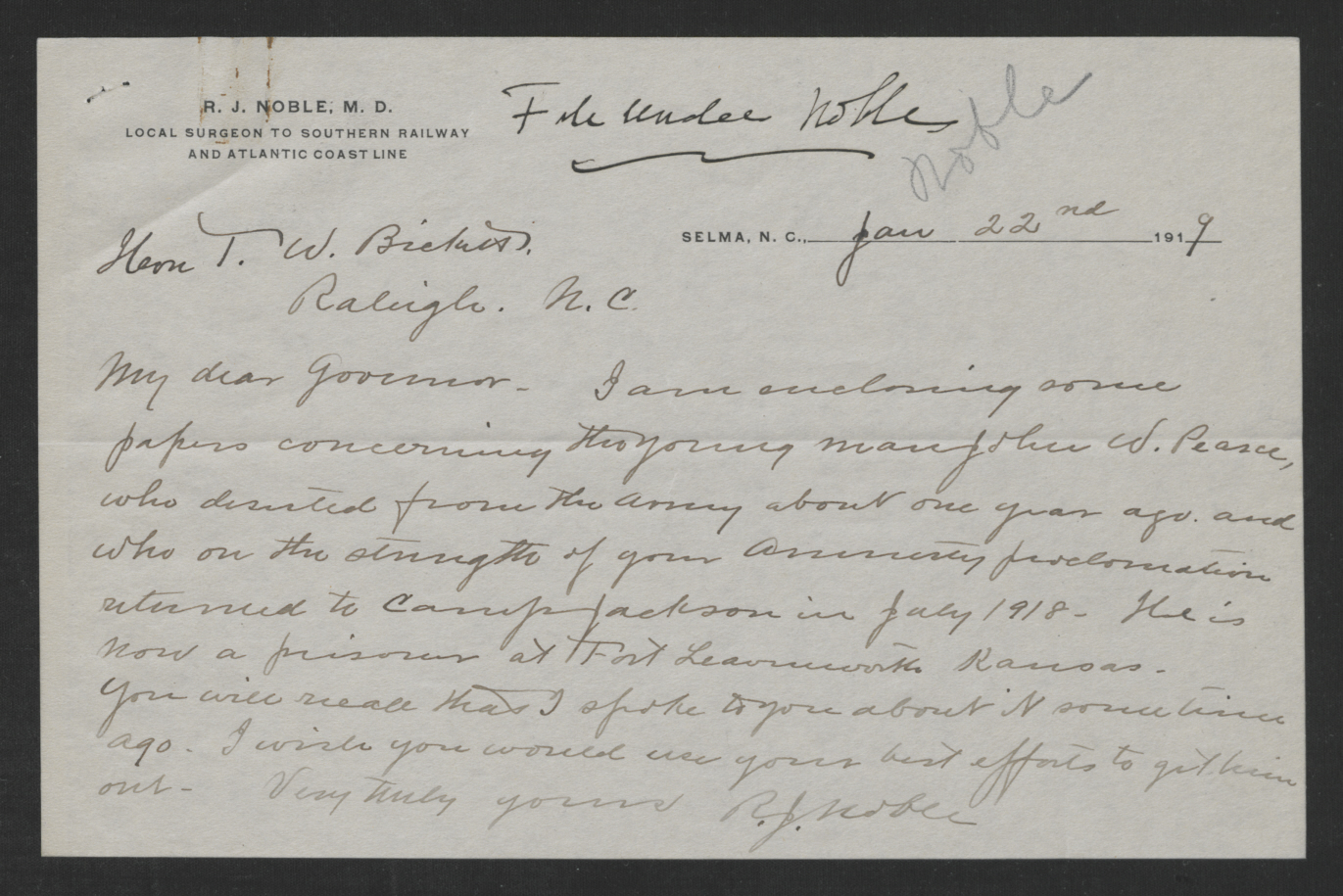 Letter from Richard J. Noble to Thomas W. Bickett, January 22, 1919