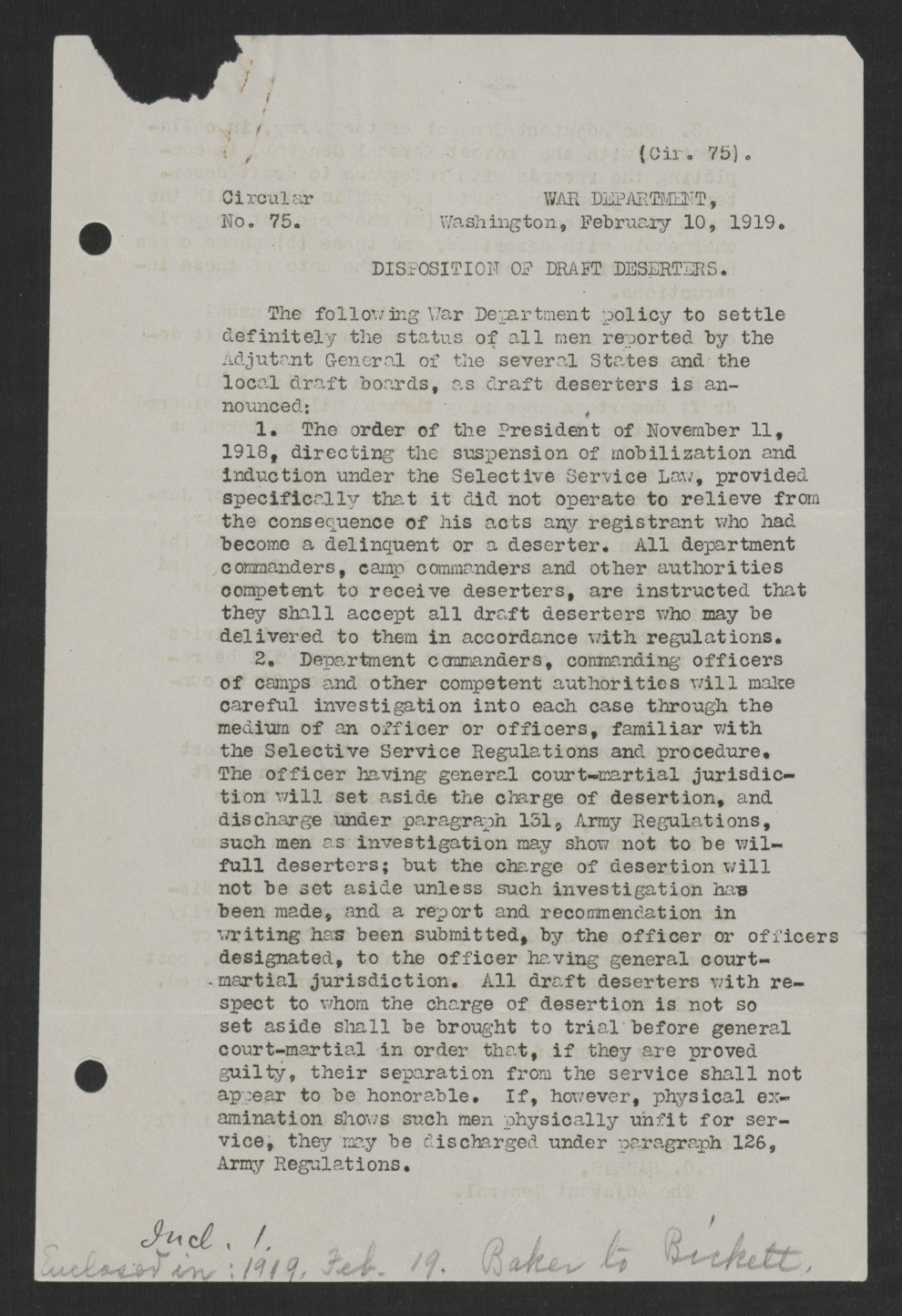 War Department Circular No. 75, February 10, 1919, page 1
