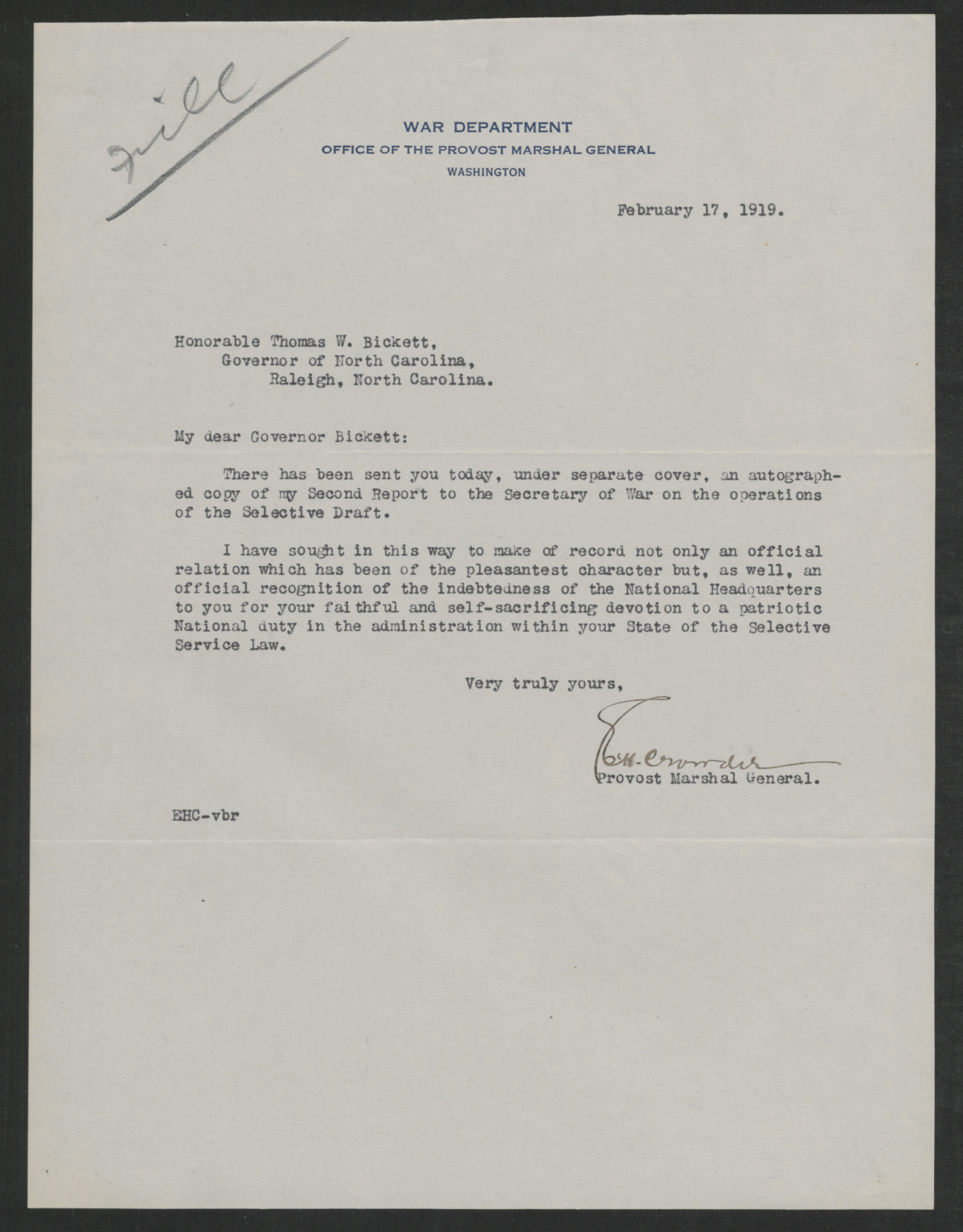 Letter from Enoch H. Crowder to Thomas W. Bickett, February 17, 1919
