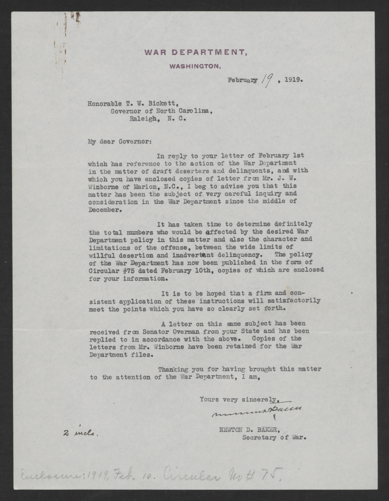 Letter from Newton D. Baker to Thomas W. Bickett, February 19, 1919