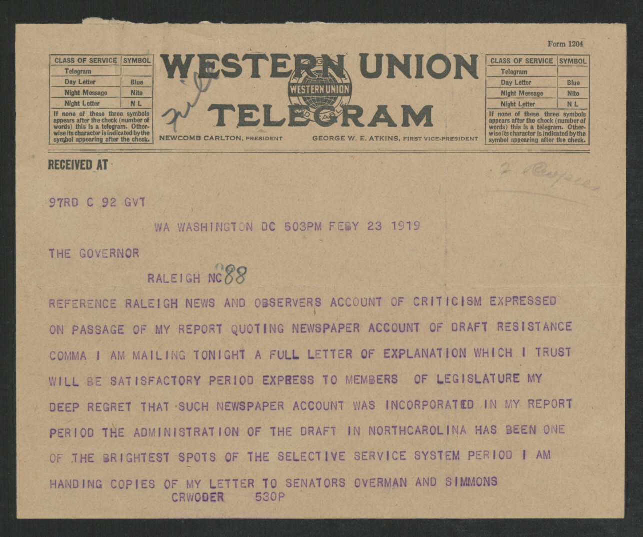 Telegram from Enoch H. Crowder to Thomas W. Bickett, February 23, 1919