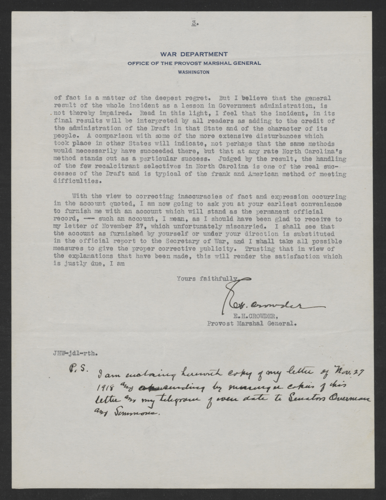 Letter from Enoch H. Crowder to Thomas W. Bickett, February 23, 1919, page 3