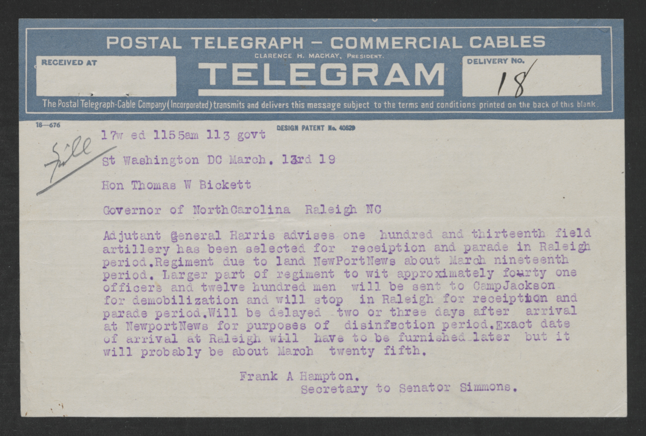 Telegram from Frank A. Hampton to Thomas W. Bickett, March 13, 1919