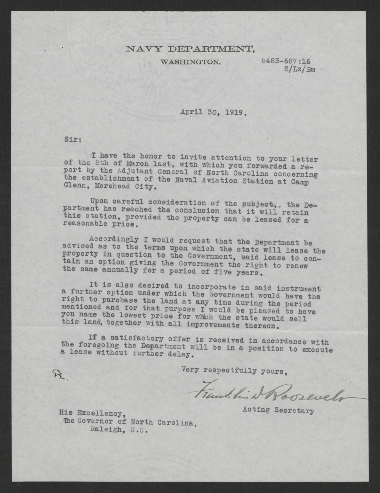 Letter from Franklin D. Roosevelt to Thomas W. Bickett, April 30, 1919