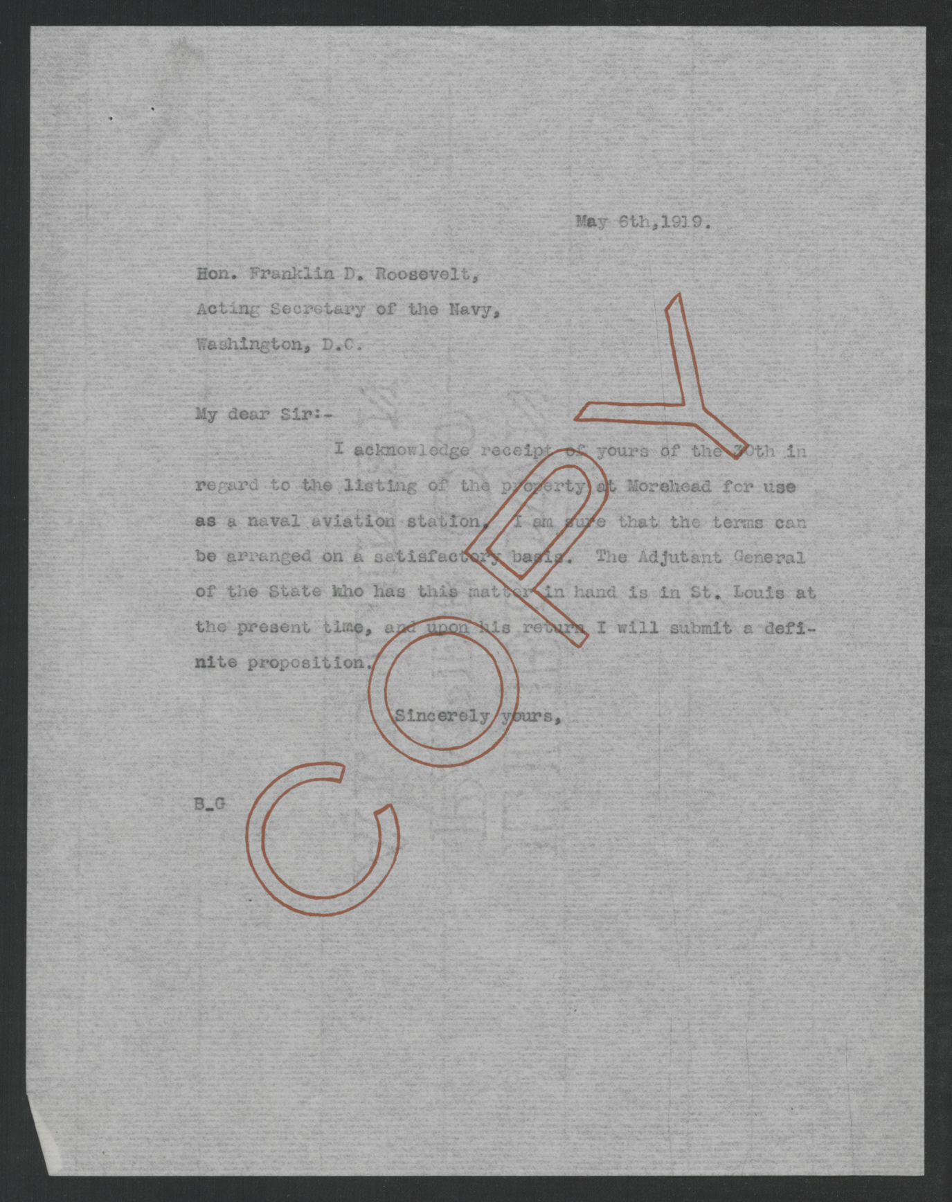 Letter from Thomas W. Bickett to Franklin D. Roosevelt, May 6, 1919