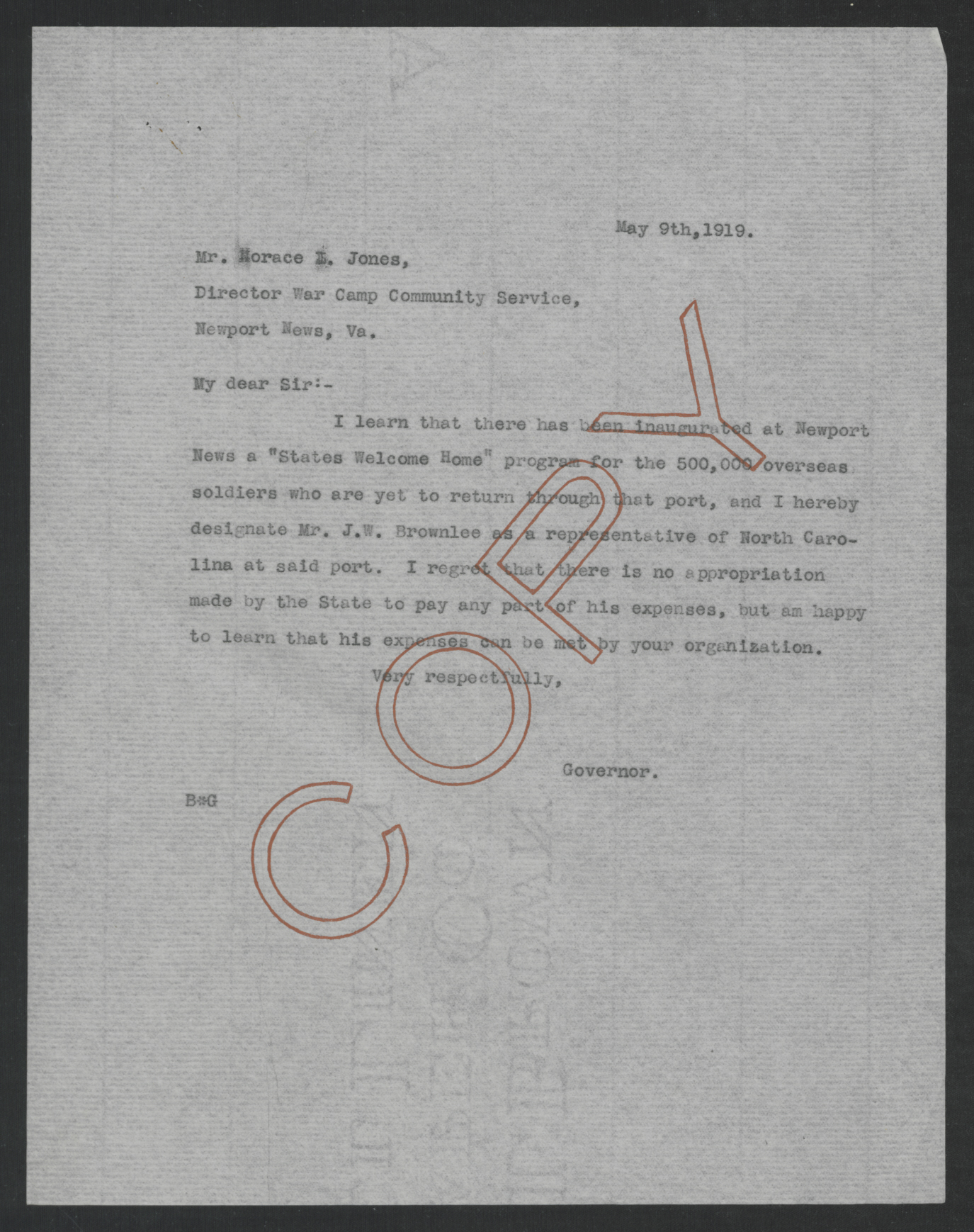 Letter from Thomas W. Bickett to Horace L. Jones, May 9, 1919